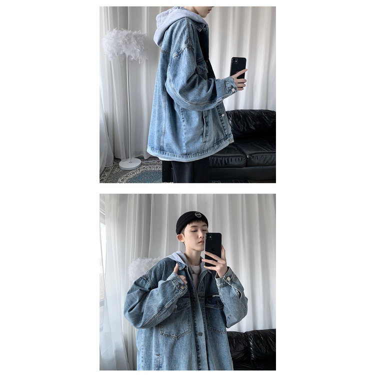 Áo Khoác Denim Có Mũ Trùm Dáng Rộng Phong Cách Hàn Quốc Harajuku Mùa Hè Cho Nam TF1
