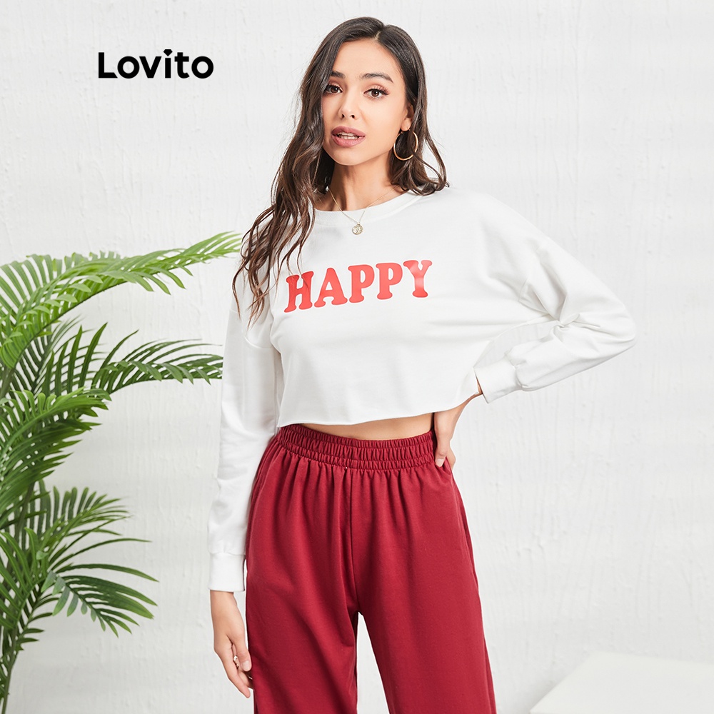 Áo sweatshirt Lovito giáng sinh kiểu thể thao in chữ tay dài L05086 (trắng) | BigBuy360 - bigbuy360.vn