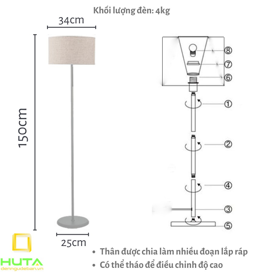 Đèn Cây Đứng Phòng Khách, Phòng Ngủ, Dùng Làm Đèn Sàn Trang Trí Nội Thất, Bóng Led Ánh Sáng Vàng, Chao Vải, Mã D4– HUTA