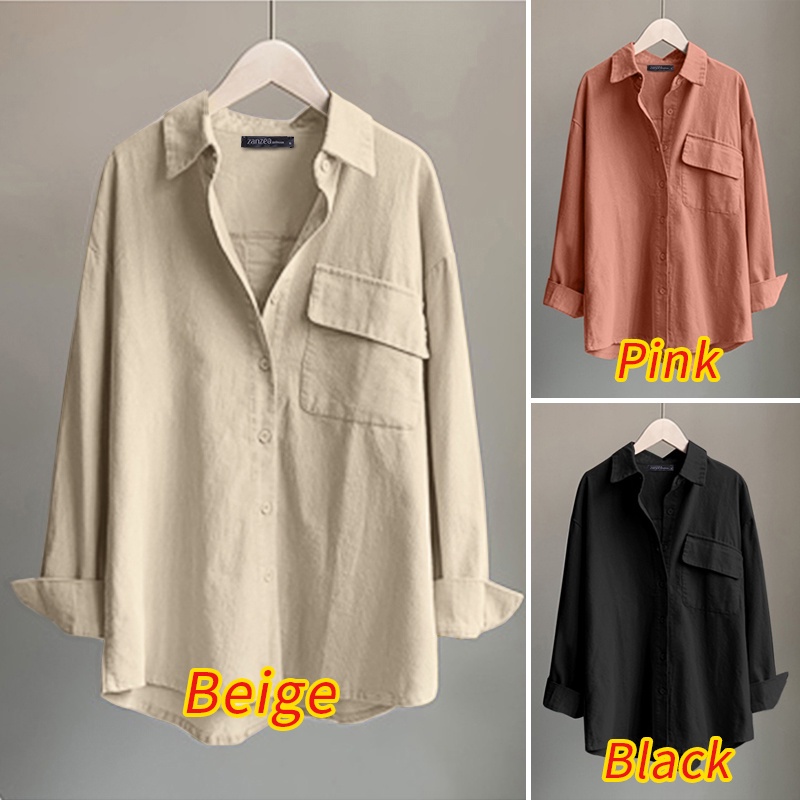 Áo sơ mi ZANZEA vải nhung gân dáng rộng cổ bẻ dài tay phối xếp ly cho nữ