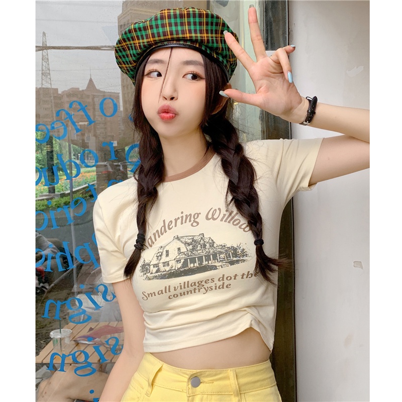 Áo Thun Nữ Ngắn Tay Cổ Tròn Ôm Dáng Phong Cách Hàn Quốc