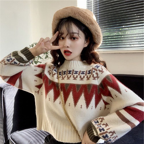 Áo Sweater đỏ dày dáng rộng ngắn phong cách giáng sinh năm mới dành cho cặp đôi