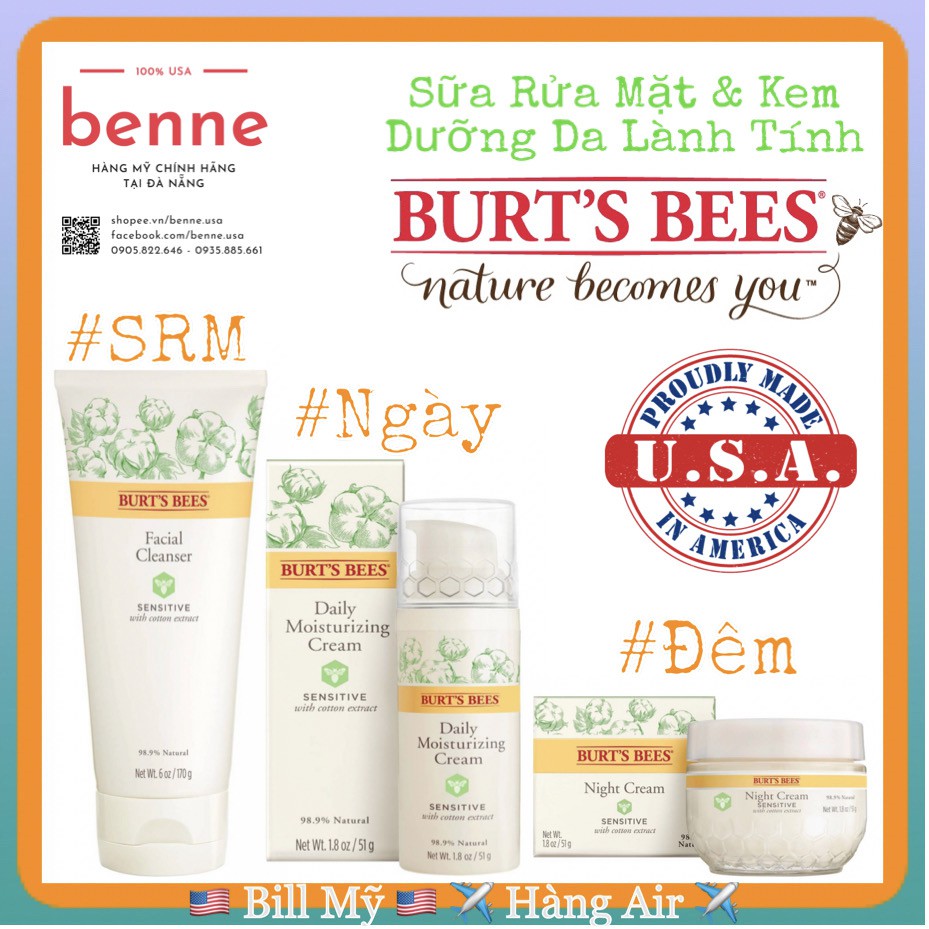 Sữa rửa mặt, kem dưỡng ngày và đêm Burt's Bees Sensitive của Mỹ