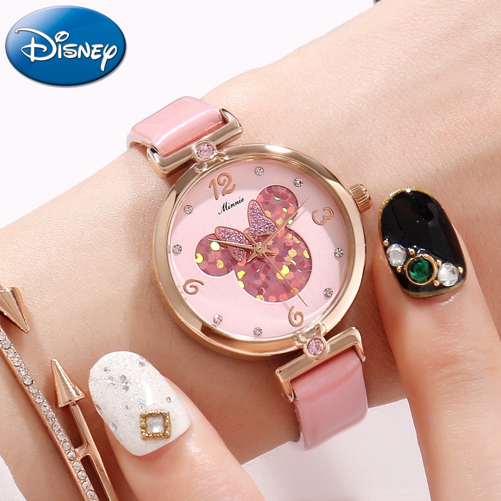 Minnie Mouse Luxury Bling Crystal Leather Quartz Đồng hồ nữ Beautiful Bow Little Disney Watch Chống nước