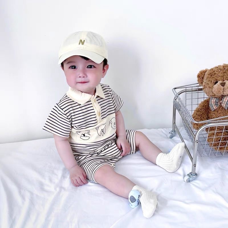 Bộ Áo Liền Quần Ngắn Tay Họa Tiết Kẻ Sọc Thời Trang Hàn Quốc Cho Bé Trai