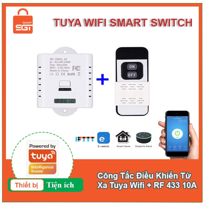 Bộ điều khiển kết nối Wifi + RF công suất 2000w/10A, điều khiển qua app Tuya + Kèm Remote