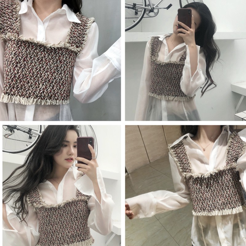 S-030: set áo 2 dây tweet + sơ mi trắng mỏng