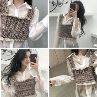 S-030: set áo 2 dây tweet + sơ mi trắng mỏng