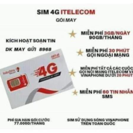 Sim 4G - ( CHỌN SỐ ĐẸP ĐỒNG GIÁ 500K ) vinaphone - Itel CÓ GÓI 90gb/tháng + free gọi vina  giống sim vd89 - vd149 - v90