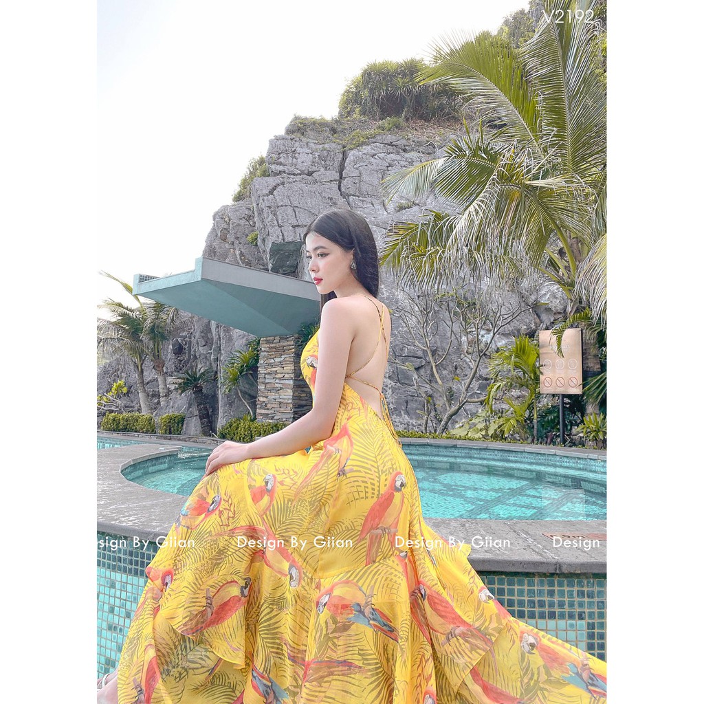 Giian - Đầm maxi cổ yếm, Váy yếm dài buộc dây gợi cảm -Sunset Valley Dress - thiết kế chính hãng - V2192