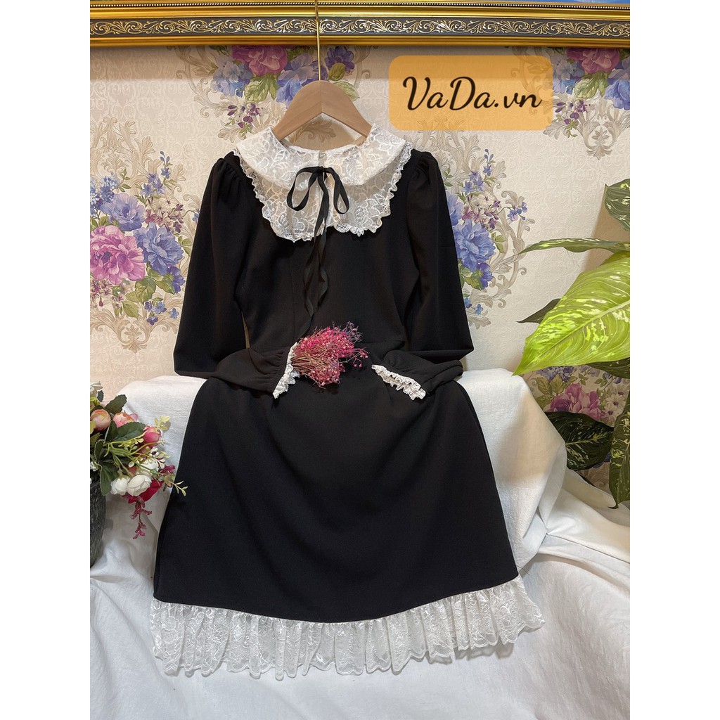 Đầm dự tiệc tay dài màu đen cổ sen tiểu thư, phối ren siêu yêu tại Thời trang VADA - V12 | BigBuy360 - bigbuy360.vn