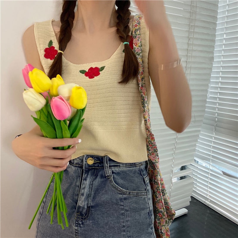 Thêu Áo hai dây Dệt Kim Nữ Phong Cách Mùa Hè Mới