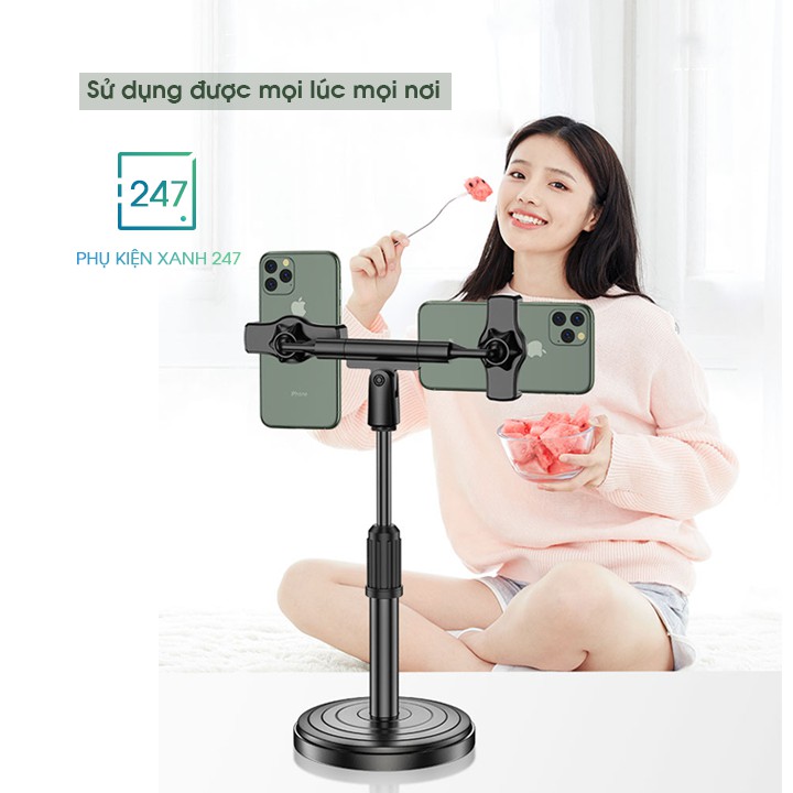 Giá đỡ 2 điện thoại livestream MỚI NHẤT, giá đỡ kẹp điện thoại đôi DK098 CAO CẤP để bàn, gấp gọn siêu tiện dụng