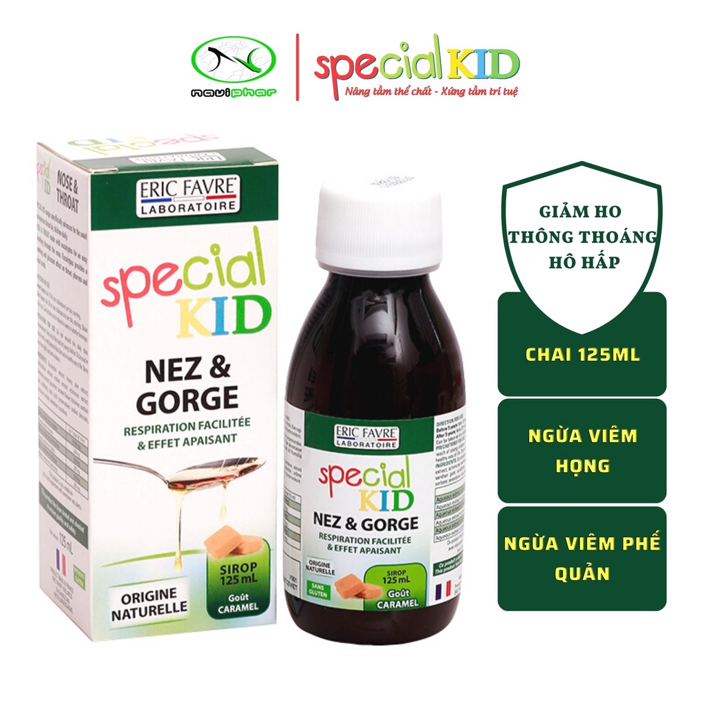 Siro giảm ho, ngăn ngừa viêm họng, viêm phế quản, viêm hô hấp - Special Kid Nez &amp; Gorge - 125ml [Eric Favre - Pháp]