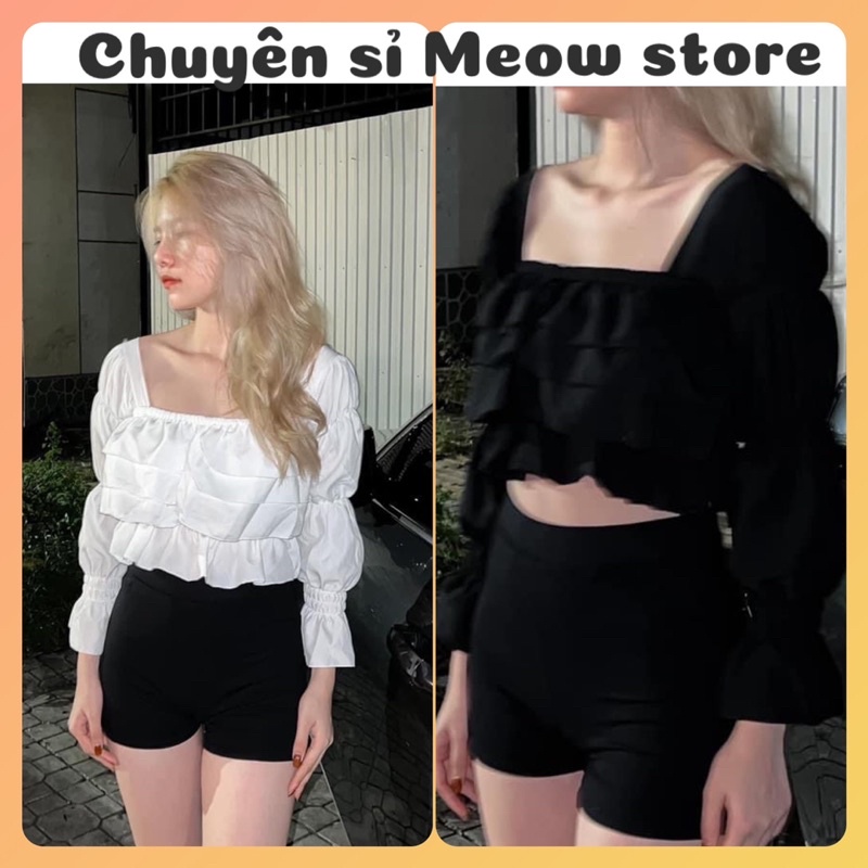 Áo voan cổ vuông bèo tầng tay bo