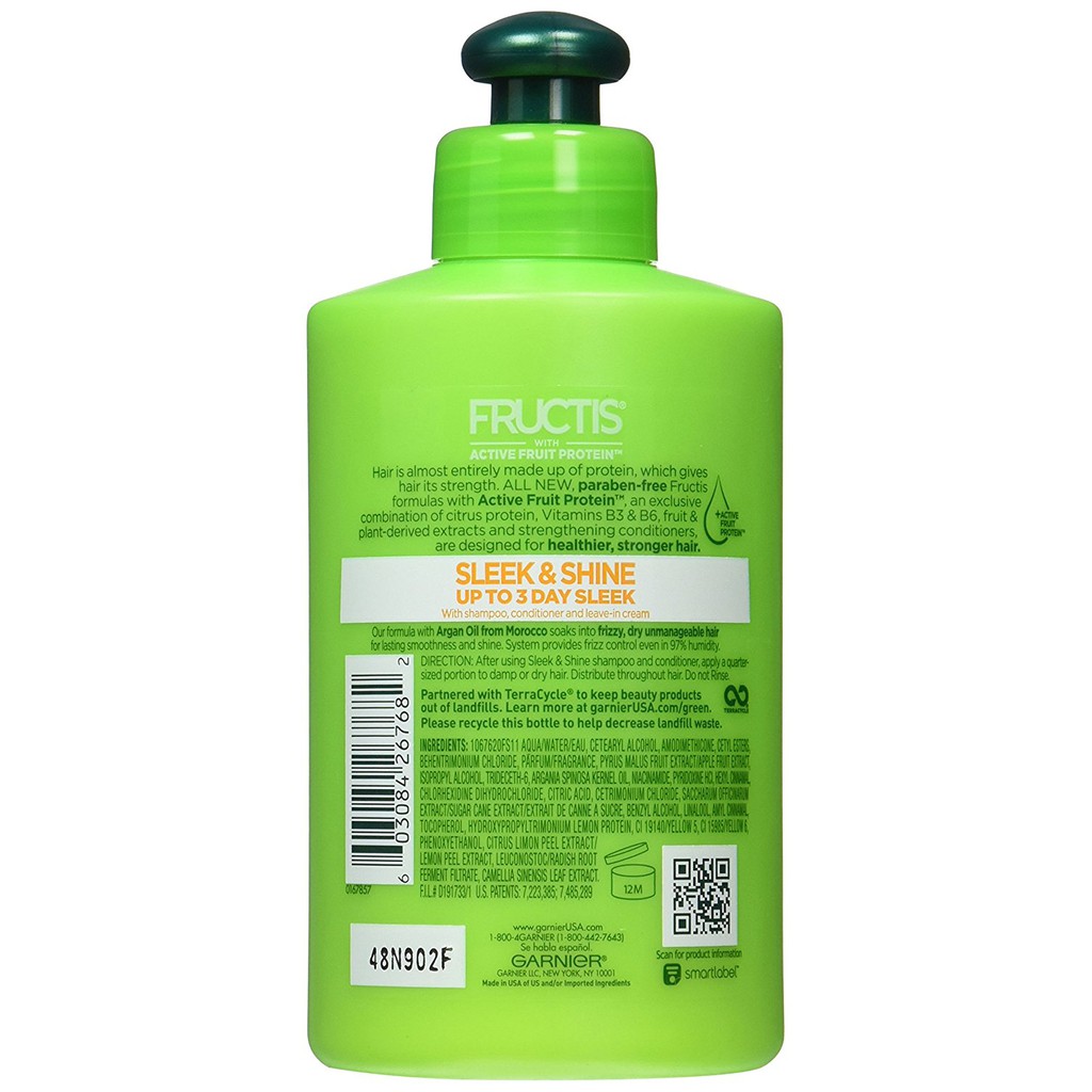 Kem ủ giúp mượt tóc Garnier Fructis Sleek &amp; Shine Intensely Smooth Leave-In Conditioning Cream 300ml (Mỹ)