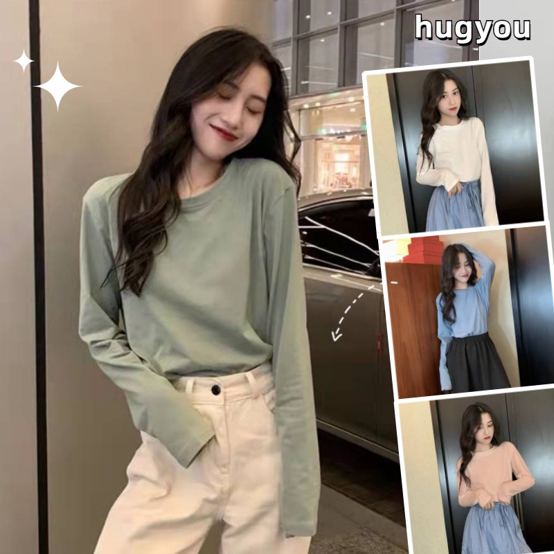 Áo Thun Tay Dài Cổ Tròn Màu Trơn Phong Cách Hàn Quốc Cho Nữ