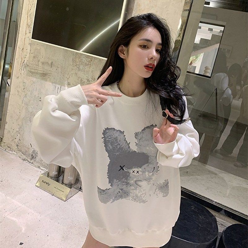 Áo Sweater Trắng Tay Dài Dáng Rộng Phong Cách Hàn Quốc Thời Trang Mùa Thu Cho Nữ 2021