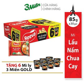 THÙNG 30 GÓI MÌ REEVA LẨU NẤM CHUA CAY TẶNG 6 LY MÌ 3 MIỀN GOLD
