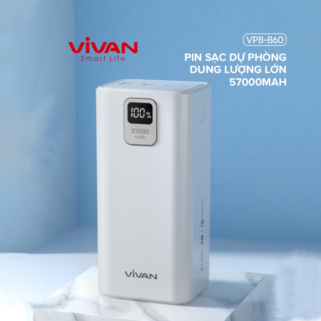 Pin sạc dự phòng sạc nhanh dung lượng lớn 57000mAh VIVAN VPB-B60 2 input Micro USB Type-C and 4 Output 3 USB-A 1 Type C