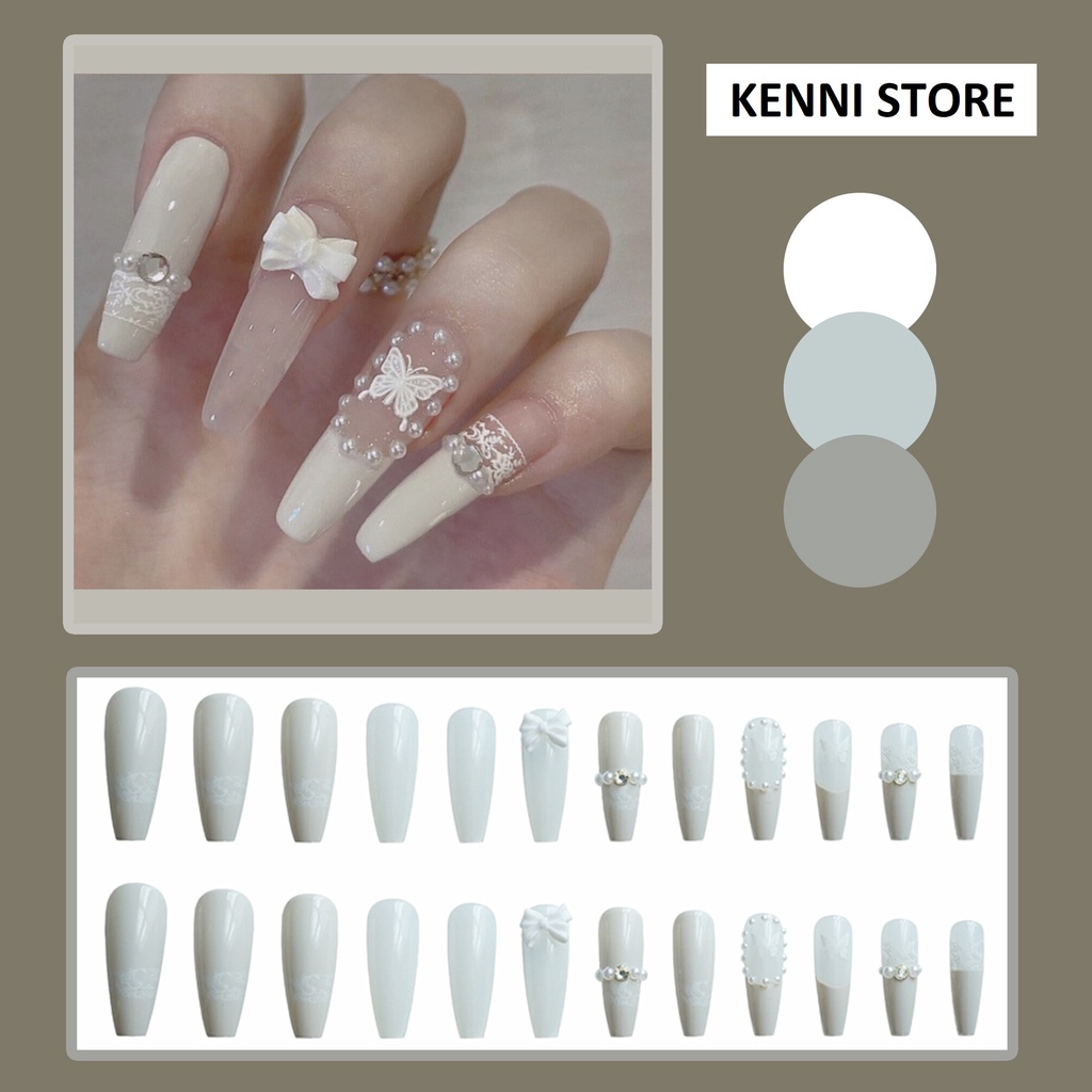 Móng tay giả trắng đính nơ sang trọng  💖 SẴN KEO DÁN 💖