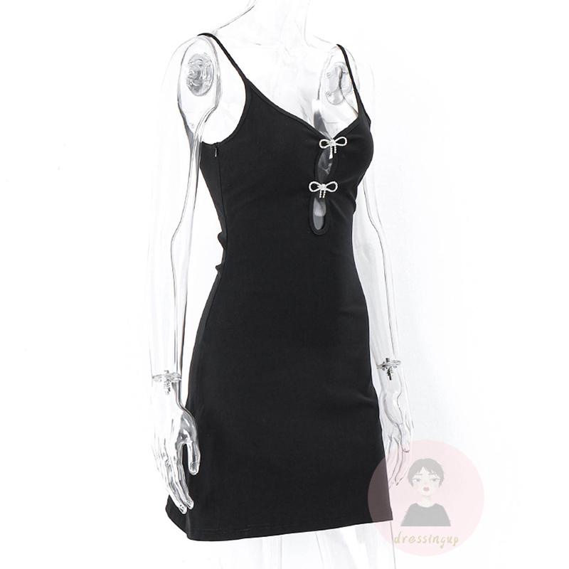 Đầm Ngắn Hai Dây Màu Đen Cổ Chữ V Khoét Sâu Đính Nơ Thời Trang Mùa Hè Cho Nữ