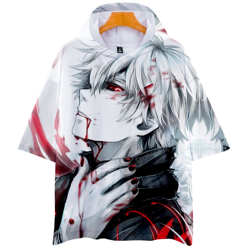 Anime Tokyo Ghoul Kaneki Ken Cosplay Costume Hoodie Short Sleeve Loose Casual T shirt  Halloween Party Shown Tops Plus Size Dura