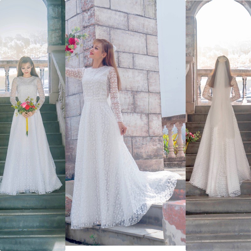 Đầm maxi trắng tay dài ren hoa mai mới nhất