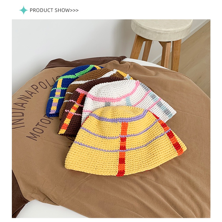 Mũ Bucket Dệt Kim Thủ Công Kẻ Sọc Ca Rô / Kẹo Ngọt Xinh Xắn Cho Nữ