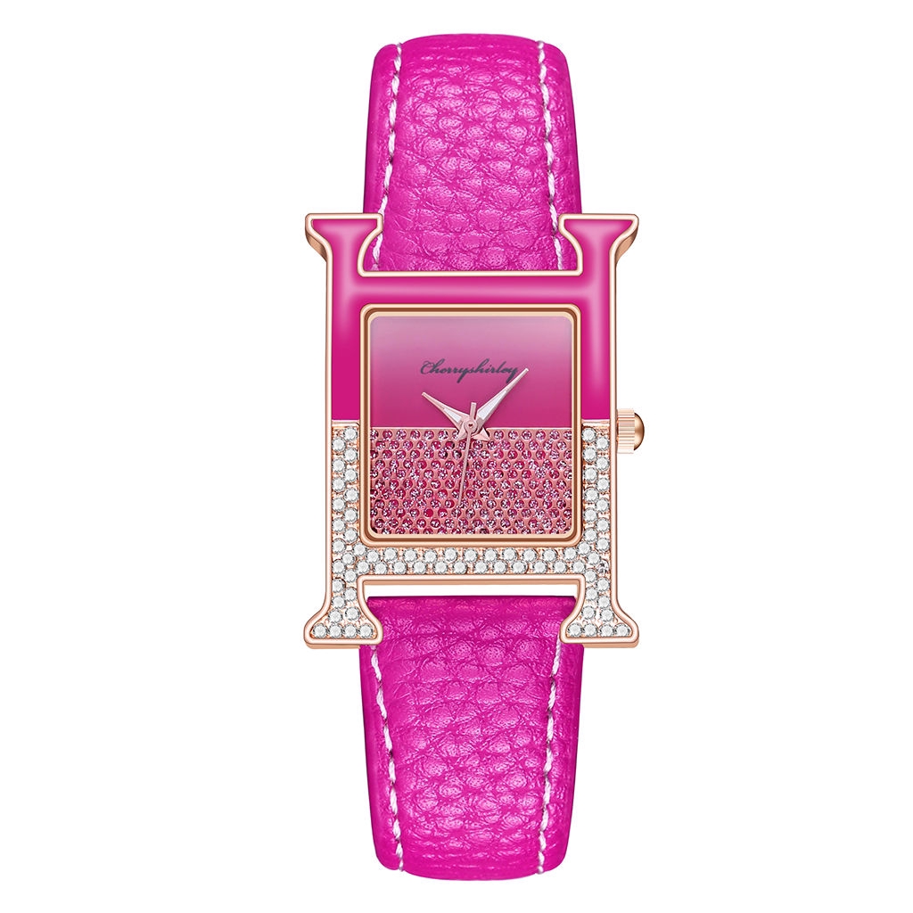 Đồng hồ Nữ dây da mặt vuông đính kim cương giả máy Quartz hợp thời trang sang trọng