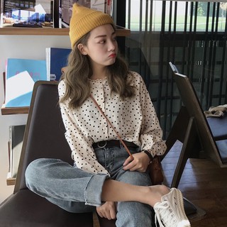 XJ-Xj-áo Sơ Mi Tay Dài Cổ Chữ V Ngọt Ngào Có Họa Tiết Chấm Bi