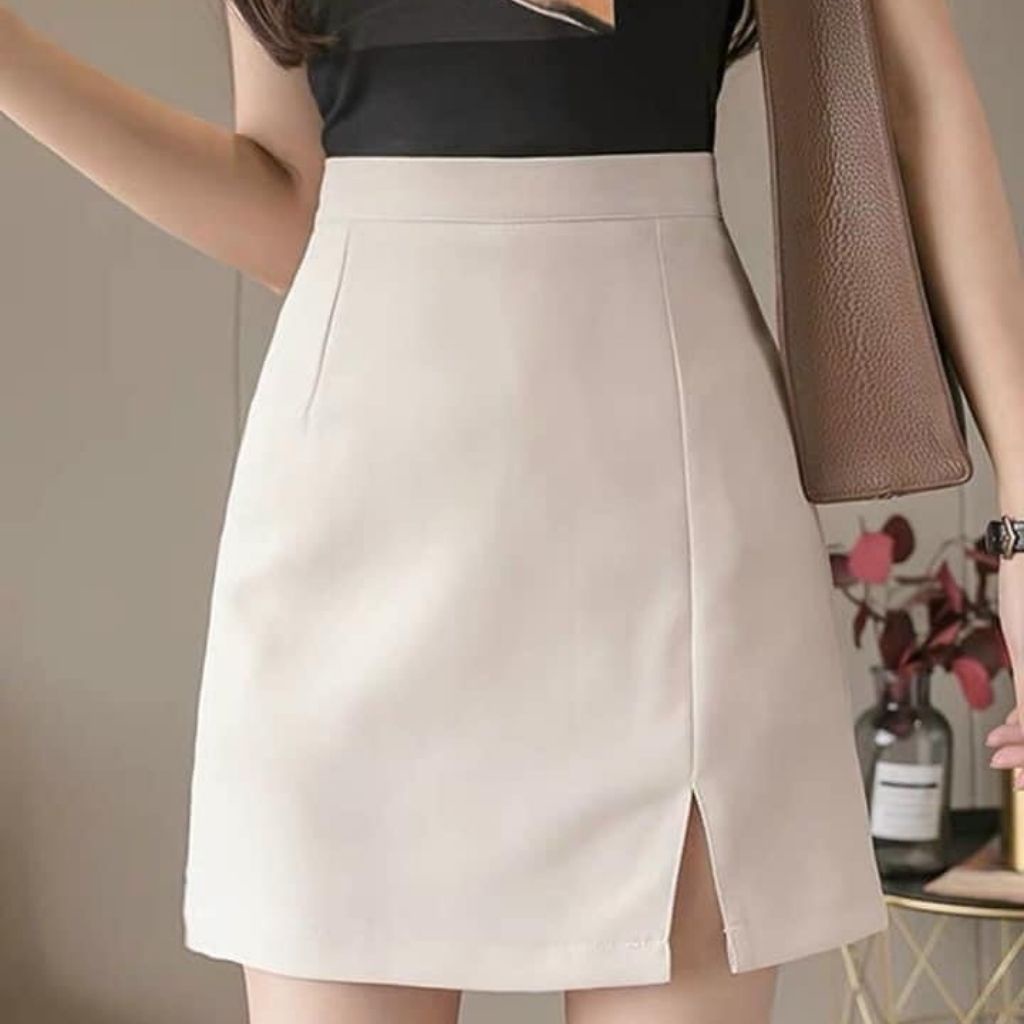 Chân váy công sở chữ A ngắn xẻ tà, chất cotton lạnh dày dăn, mịn mát, co giãn, không nhăn