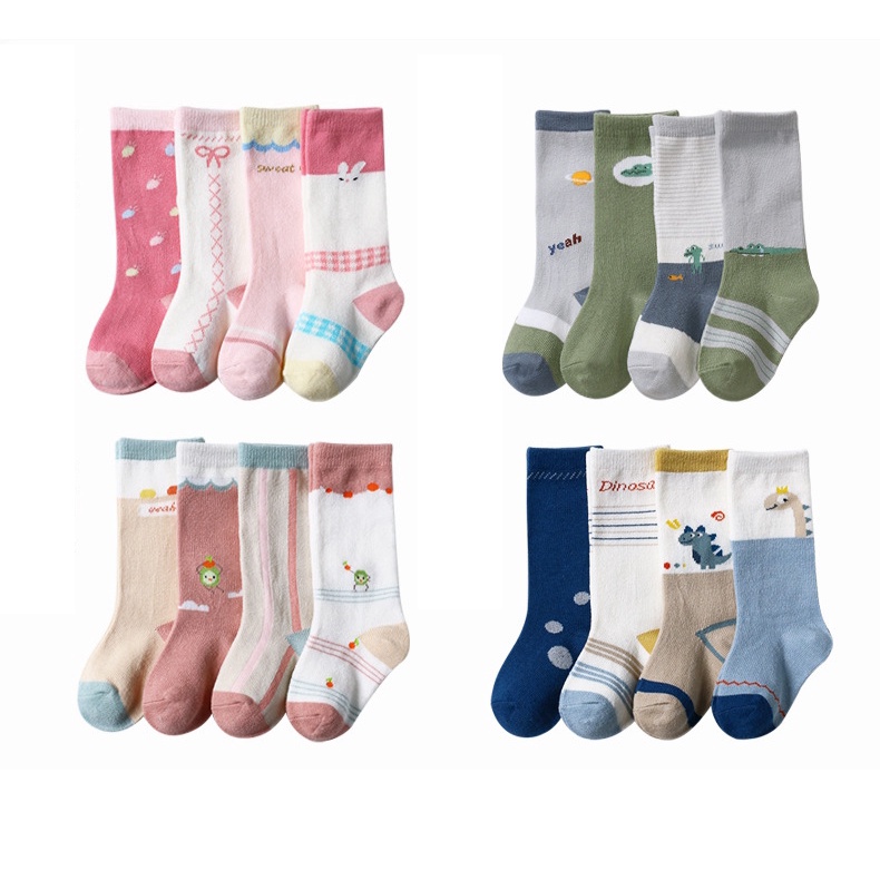 Set 4 Đôi Tất Cotton Mềm Mại Hoạ Tiết Hoạt Hình Đáng Yêu Cho Bé