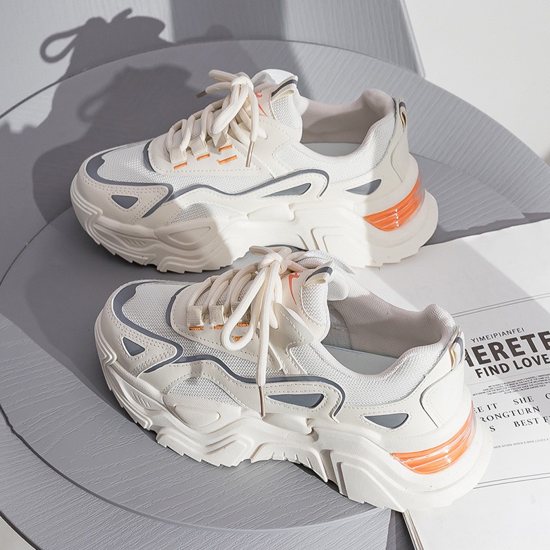 Giày thể thao nữ sneaker chất da phối vải thoáng khí độn đế 5 cm Mdo màu kem trắng