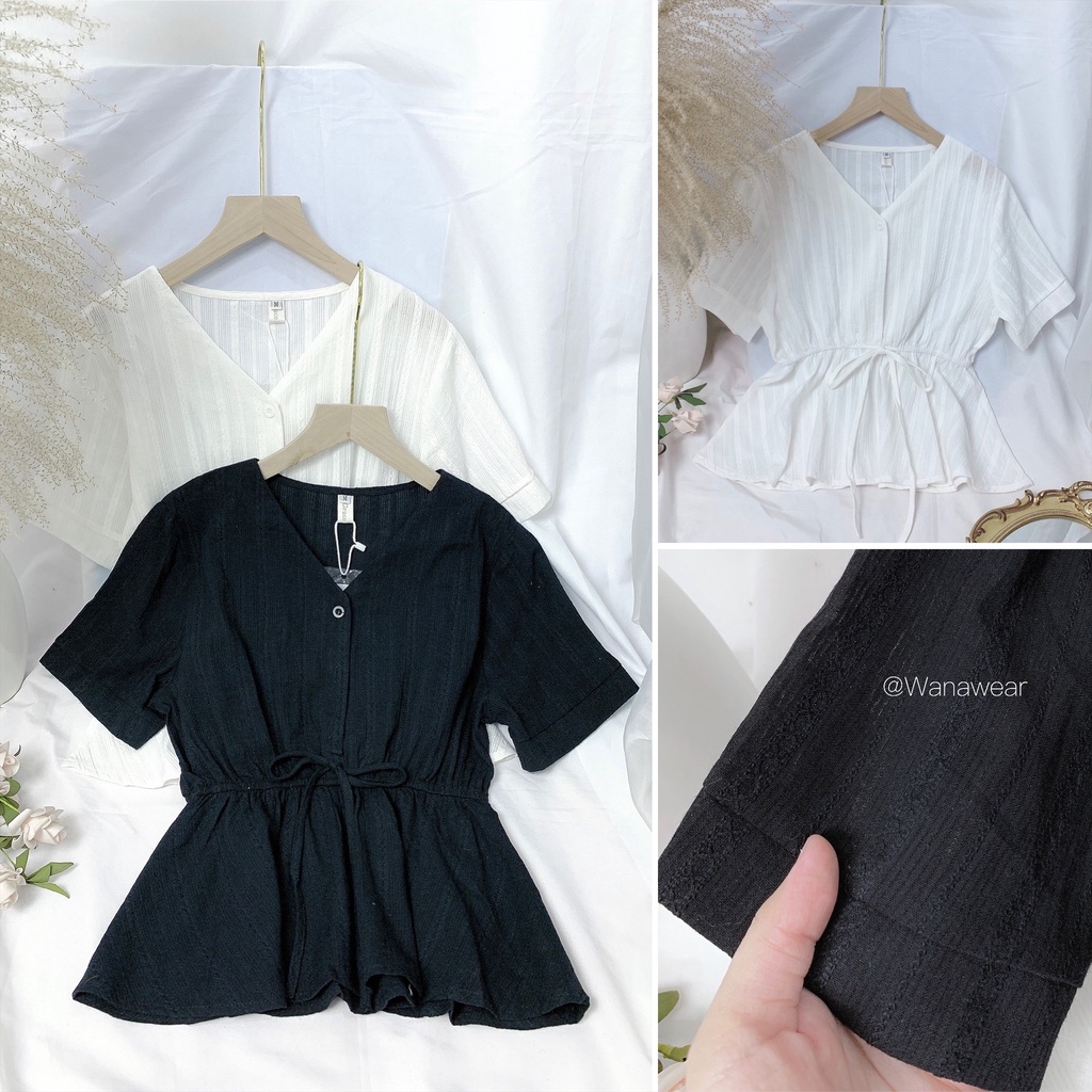 Áo sơ mi kiểu peplum trắng cộc tay cổ V tiểu thư WANAWEAR rút eo chất đũi mát phong cách Hàn cực xinh màu đỏ đen trắng