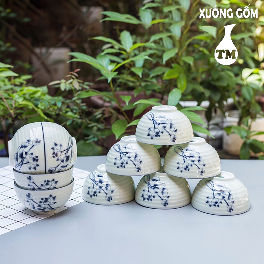 Bộ Bát Chén Ăn Cơm Men Kem Họa Tiết Hoa Sen-Đào Vẽ Tay Xưởng Gốm TM Bát Tràng