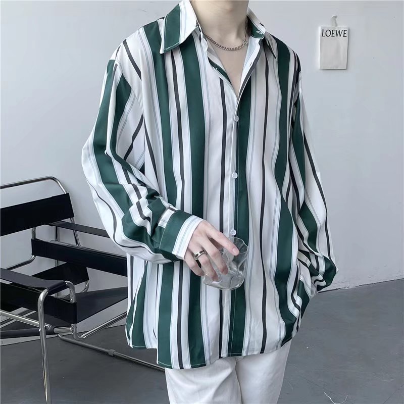 Áo Sơ Mi Dài Tay Dáng Rộng Hoa Văn Kẻ Sọc Phong Cách Retro Hàn Quốc Dành Cho Nam