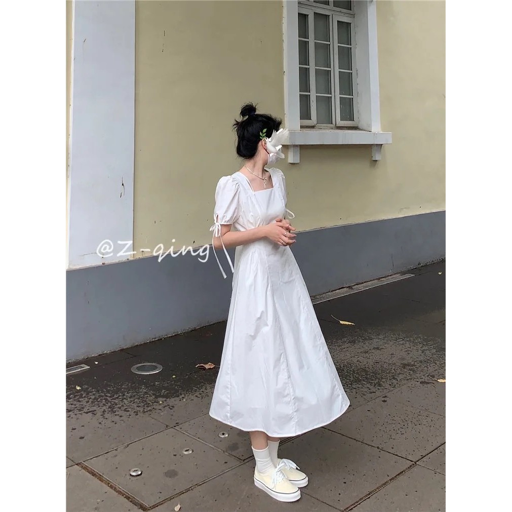 Đầm Trắng Cổ Vuông Thắt Nơ Thời Trang Cho Nữ
