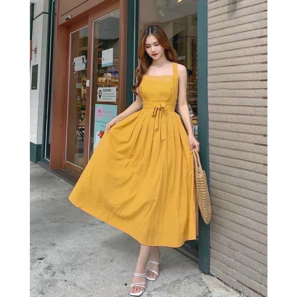 Đầm váy nữ dự tiệc maxi màu vàng 2 dây chéo lưng kèm băng đô đi biển xinh đẹp chất Lụa mềm mại
