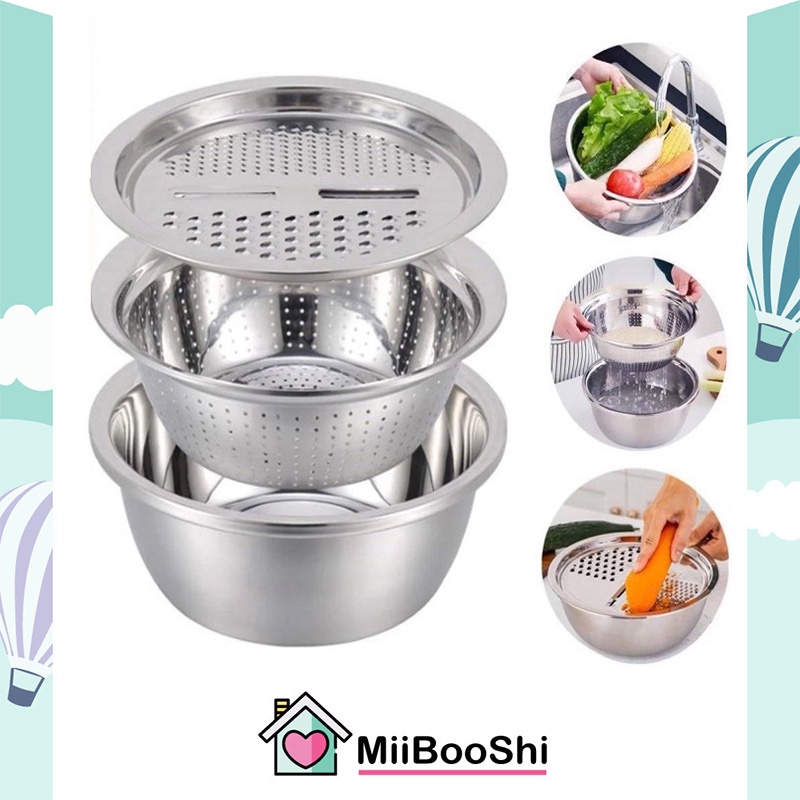 Dụng cụ nhà bếp thông minh bộ nạo rau củ quả Nhật Bản kiêm rổ và chậu inox cao cấp đa năng tiện lợi MiibooShi S2200