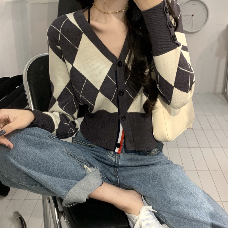 Áo khoác cardigan dệt kim tay dài họa tiết caro kim cương phong cách Anh Quốc thời trang mùa thu