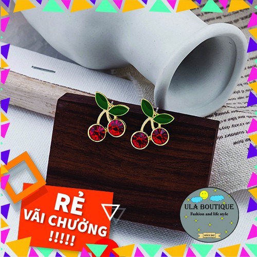 Bông Tai ULA Shop hình quả Cherry Khảm Đá Lấp Lánh chất liệu mạ bạc S925 Phong Cách Hàn Quốc