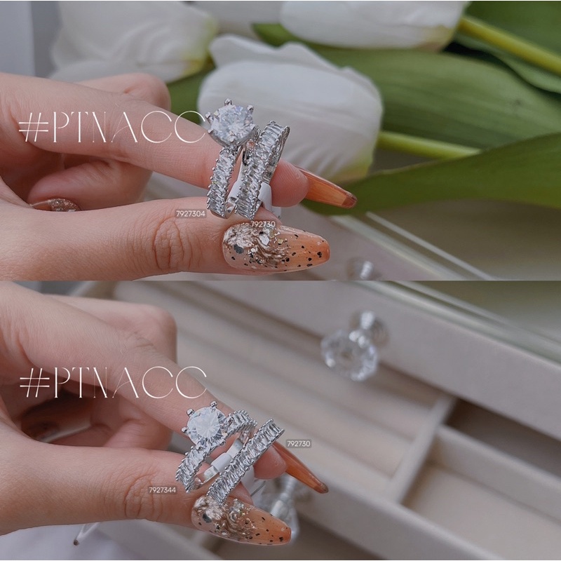 Set nhẫn paguet xi bạch kim, xi mạ vàng, bộ nhẫn 2 chiếc đính đá paguet nhỏ đơn giản .PTNACC.
