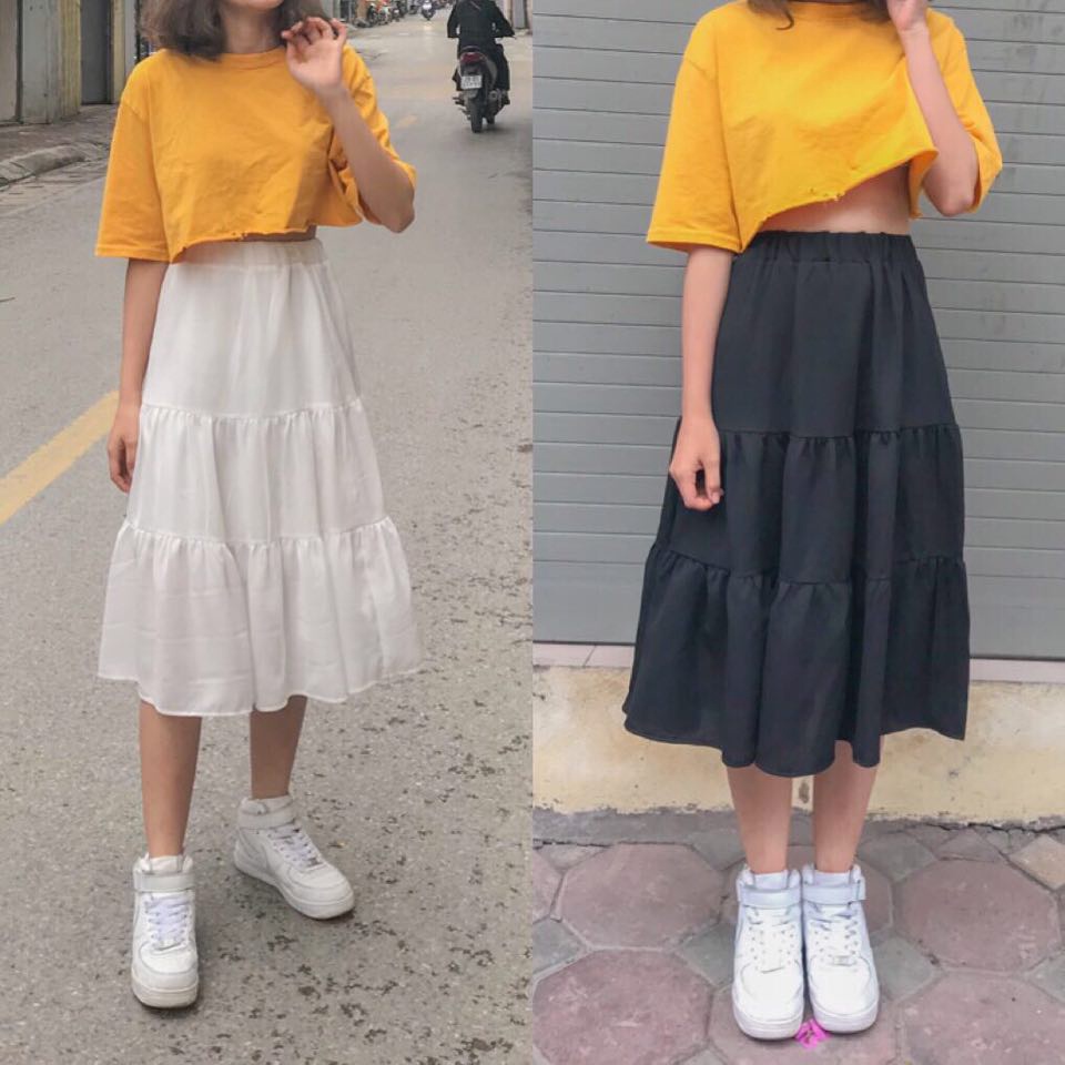 Chân Váy Dáng Dài Đũi Nhăn Nữ - Rere.Store [FREESHIP] - A1-2 Đầm tiểu thư bánh bèo màu đen basic cạp chun Ulzzang