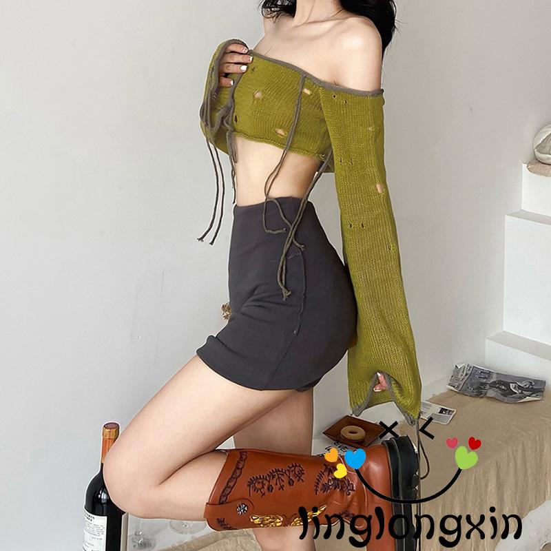 Áo Croptop Trễ Vai Tay Dài Phối Rách Màu Xanh Lá Cây Thời Trang Đường Phố Cho Nữ Linglongxi2