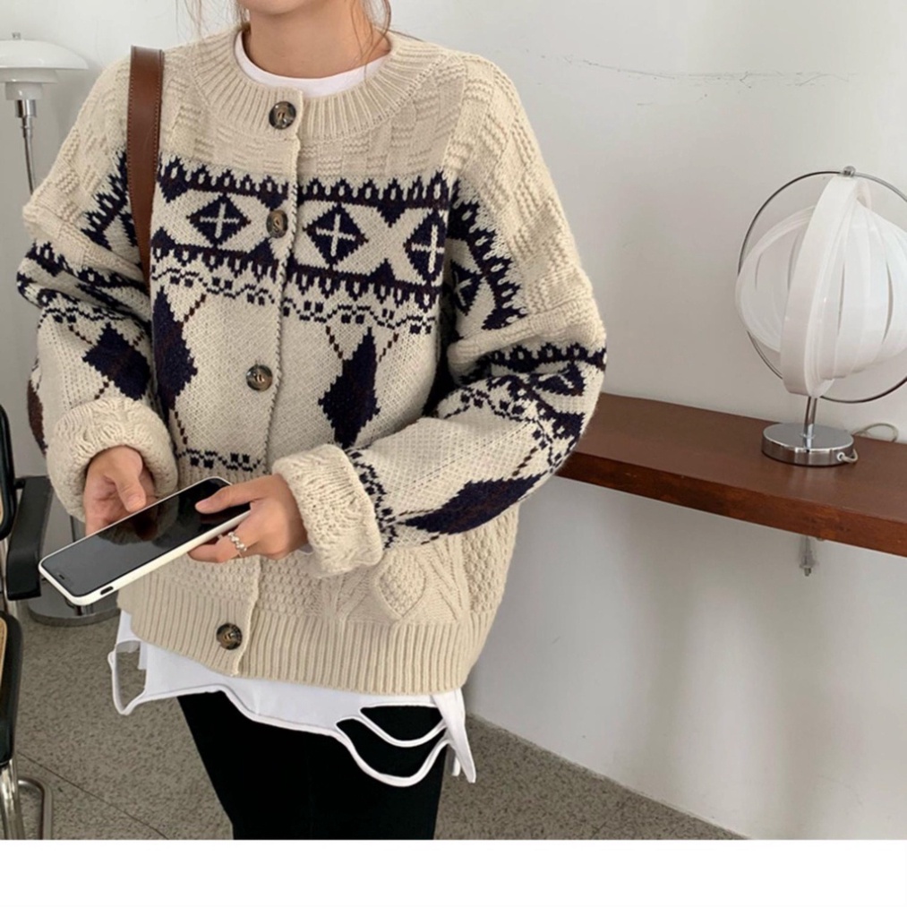 Áo Cardigan Nữ Họa Tiết Trám VinTage, Cardigan Len phối cúc tiểu thư điệu đà dáng rộng Siêu Xinh | BigBuy360 - bigbuy360.vn