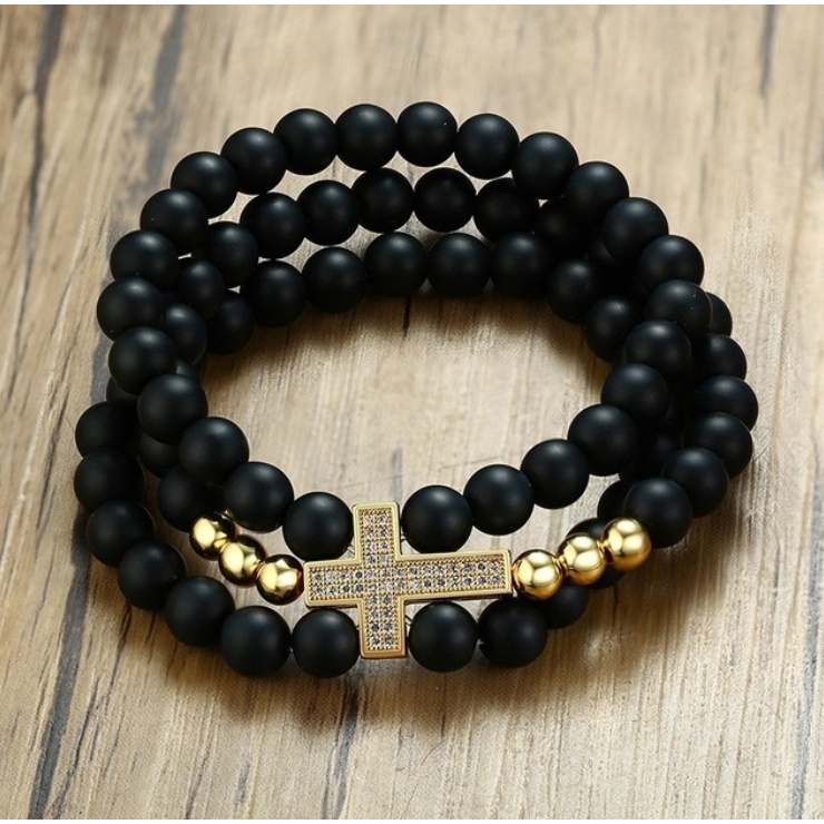 Vòng Tay Hạt Đá Đen 3 Lớp Phong Cách Cổ Điển Cho Nam