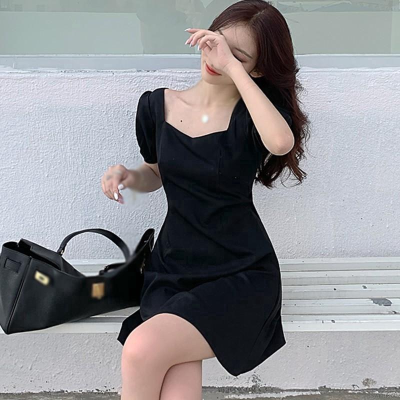 Đầm Nữ Tay Phồng Cổ Vuông Dáng Chữ A In Họa Tiết Hoa Xinh Xắn