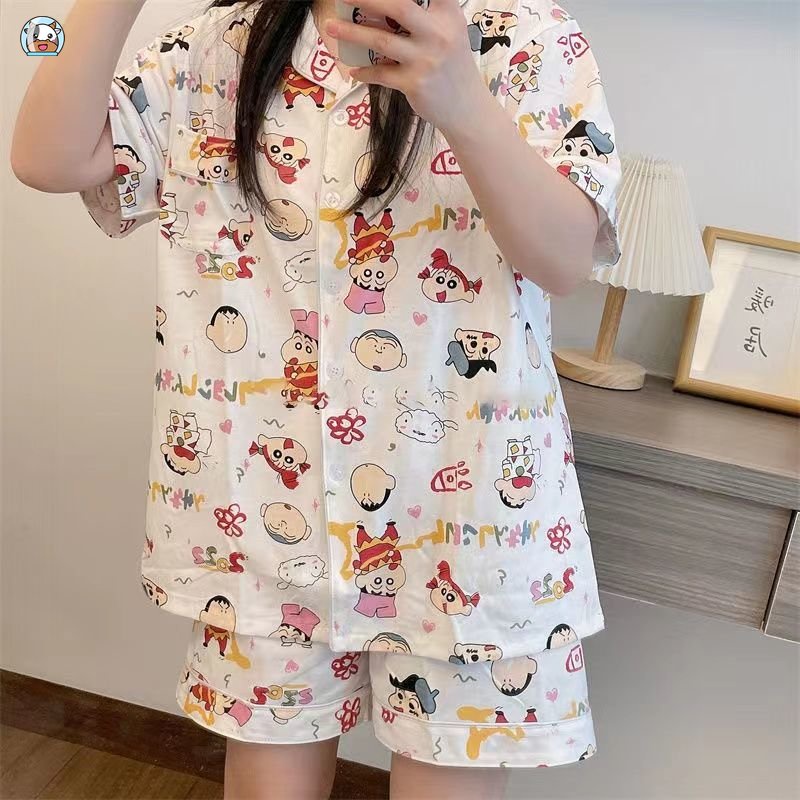 Bộ Đồ Ngủ Áo cardigan Tay Ngắn Phối Quần short Mỏng In Hoạt Hình Dễ Thương Thời Trang Mùa Hè Cho Nữ