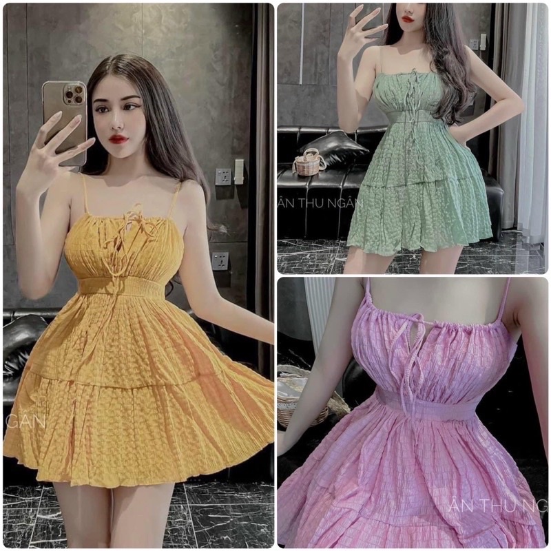 Đầm xốp đũi TK 2 day dáng xoè tiểu Thư Khoá kéo sau 2 lớp mềm.